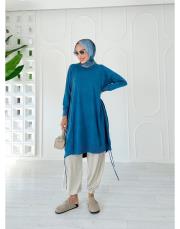 lace %100 pamuk ip triko tunik mavi 3