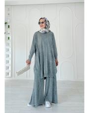 lace %100 pamuk ip triko tunik gri