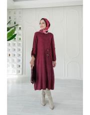 helen pamuk triko tokalı elbise bordo