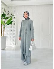 helen pamuk triko tokalı elbise gri 2