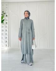 helen pamuk triko tokalı elbise gri 3