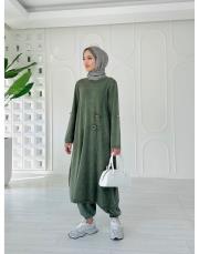 helen pamuk triko tokalı elbise haki