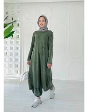 helen pamuk triko tokalı elbise haki 2