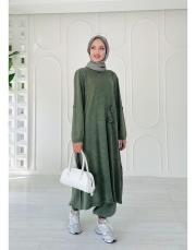 helen pamuk triko tokalı elbise haki 3