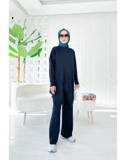 vena yakalı merserize tunik lacivert