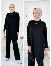 vena yakalı merserize tunik siyah