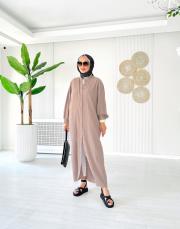 hakim yaka kırınkıl gömlek elbise bej