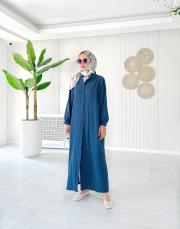 hakim yaka kırınkıl gömlek elbise indigo 2