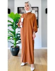 hakim yaka kırınkıl gömlek elbise kahve