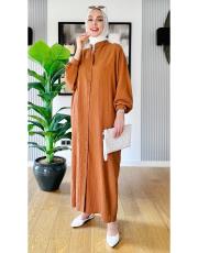 hakim yaka kırınkıl gömlek elbise kahve 2