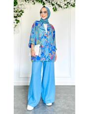 masha ithal ceketli keten takım mavi