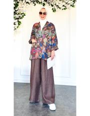 masha ithal ceketli keten takım kahve