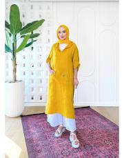 ithal solin keten elbise tunik hardal 3