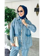 çıtçıtlı oversize denim ceket mavi