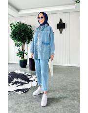 çıtçıtlı oversize denim ceket mavi 2