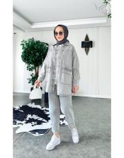 çıtçıtlı oversize denim ceket gri