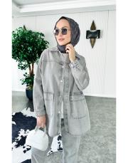 çıtçıtlı oversize denim ceket gri 3