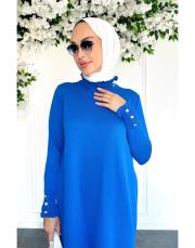 yaka kollar fırfır taş düğmeli merserize elbise sax 2