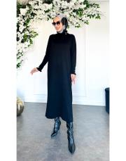 yaka kollar fırfır taş düğmeli merserize elbise siyah