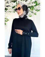 yaka kollar fırfır taş düğmeli merserize elbise siyah 2