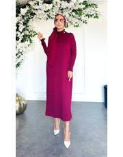 yaka kollar fırfır taş düğmeli merserize elbise bordo