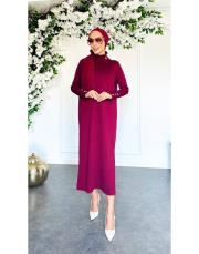 yaka kollar fırfır taş düğmeli merserize elbise bordo 2