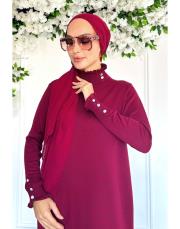 yaka kollar fırfır taş düğmeli merserize elbise bordo 3