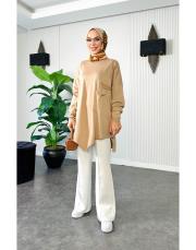çift cepli triko oversize tunik sütlü kahve
