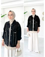 tasarım taşlı kot ceket siyah