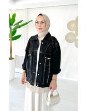 tasarım taşlı kot ceket siyah 2