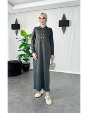 metal aksesuarlı merserize  elbise haki