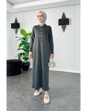 metal aksesuarlı merserize  elbise haki 3