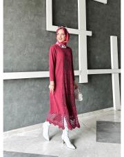 roza %100 pamuk yıkamalı triko elbise bordo