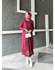 roza %100 pamuk yıkamalı triko elbise bordo 4