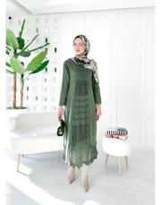 roza %100 pamuk yıkamalı triko elbise haki 3