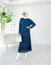 jade file örgü pamuk triko etekli takım lacivert