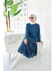 jade file örgü pamuk triko etekli takım lacivert 2