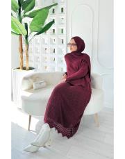 jade file örgü pamuk triko etekli takım bordo