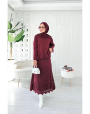 jade file örgü pamuk triko etekli takım bordo 2