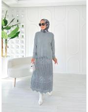 jade file örgü pamuk triko etekli takım gri