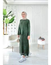 jade file örgü pamuk triko etekli takım haki