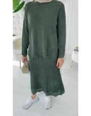 jade file örgü pamuk triko etekli takım haki 2