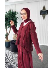 %100 pamuk püsküllü şalvarlı triko takım bordo