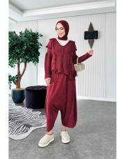 %100 pamuk püsküllü şalvarlı triko takım bordo 2