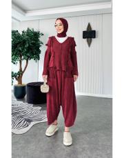 %100 pamuk püsküllü şalvarlı triko takım bordo 3
