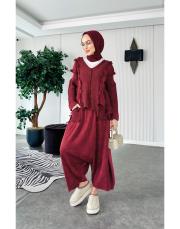 %100 pamuk püsküllü şalvarlı triko takım bordo 4