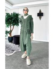 %100 pamuk püsküllü şalvarlı triko takım haki