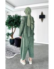 %100 pamuk püsküllü şalvarlı triko takım haki 2