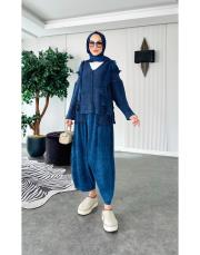 %100 pamuk püsküllü şalvarlı triko takım indigo