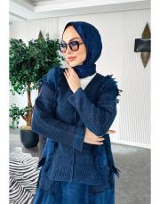 %100 pamuk püsküllü şalvarlı triko takım indigo 2